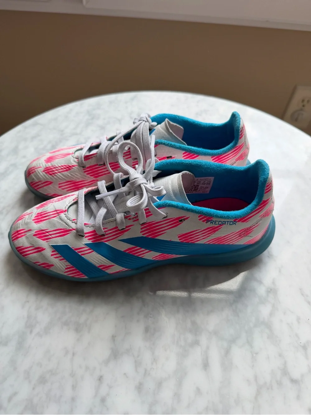 adidas Kids INDOOR soccer cleats with Pink Pattern and Blue Accents
